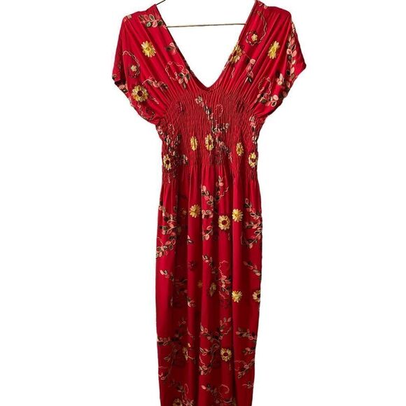 Cacharitey Made in Mexico Smocked Embroidered Double V Midi Dress - Picture 1 of 9